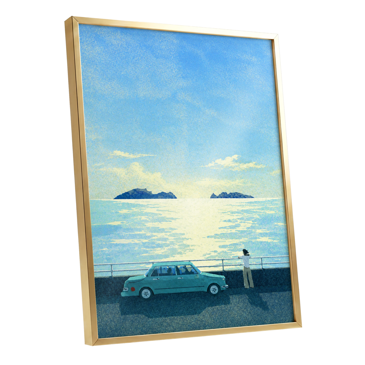 Saltwater Interlude, blue, green, yellow nature wall art shown as a gold framed poster wall art print