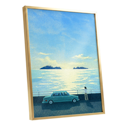Saltwater Interlude, blue, green, yellow nature wall art shown as a gold framed poster wall art print