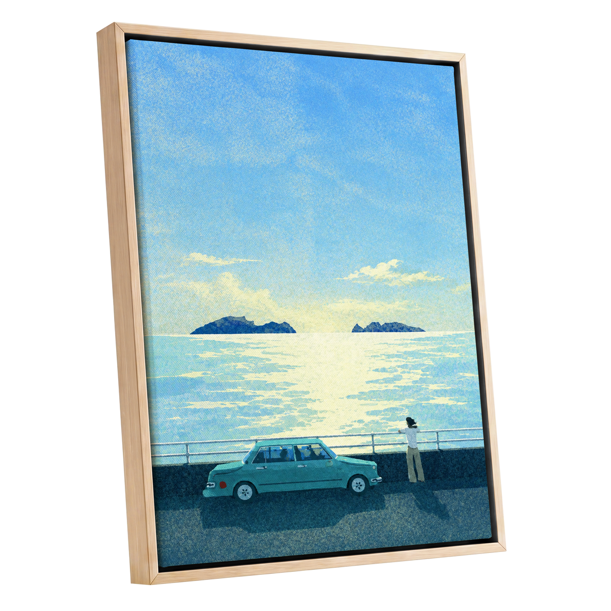 Saltwater Interlude, blue, green, yellow nature wall art shown as a oak framed canvas wall art