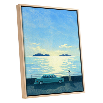 Saltwater Interlude, blue, green, yellow nature wall art shown as a oak framed canvas wall art