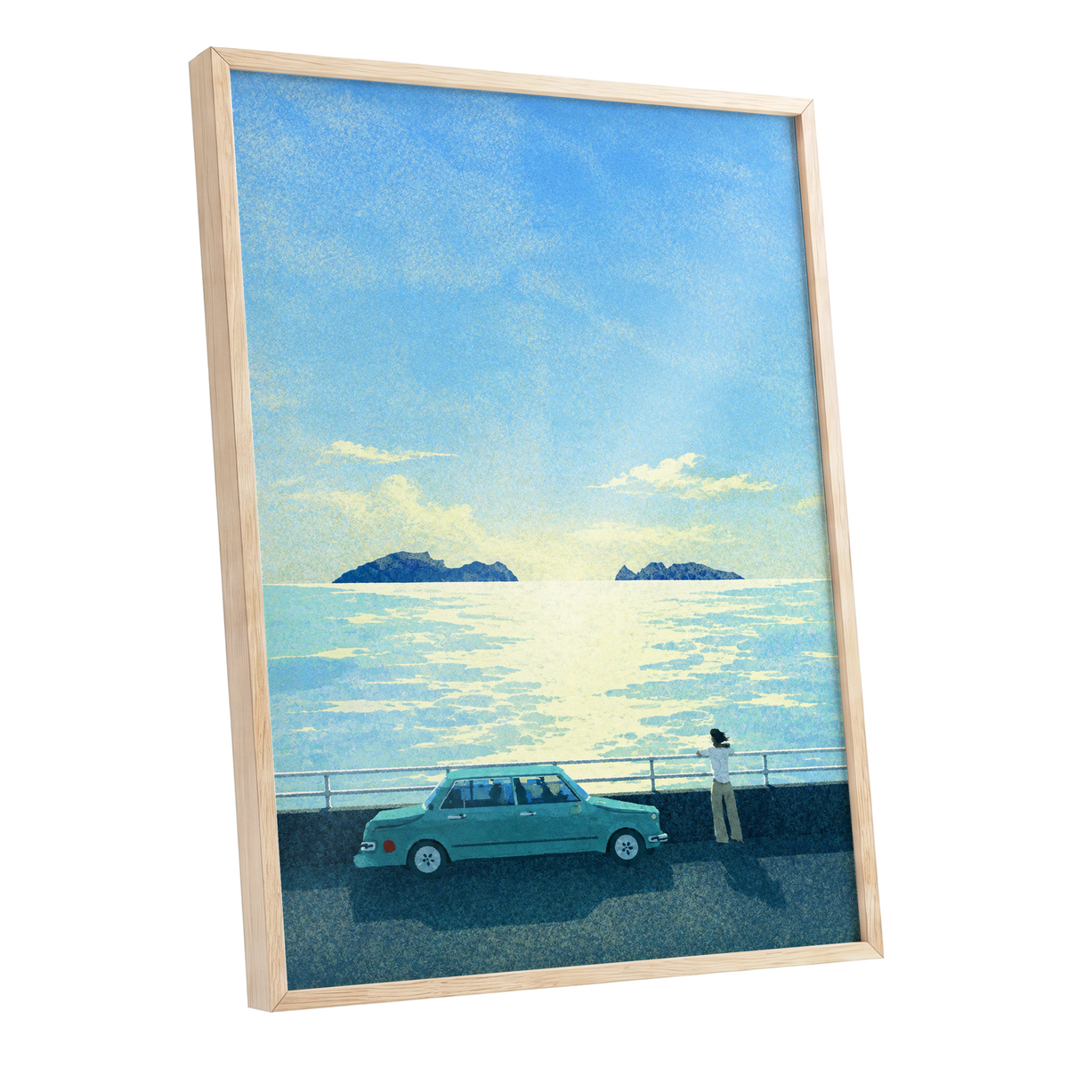Saltwater Interlude, blue, green, yellow nature wall art shown as a oak framed poster wall art print