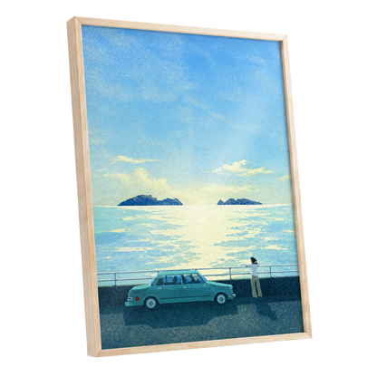 Saltwater Interlude, blue, green, yellow nature wall art shown as a oak framed poster wall art print