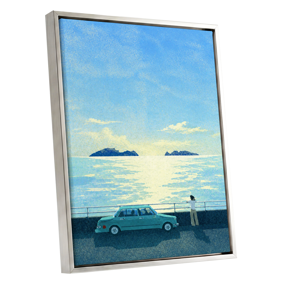 Saltwater Interlude, blue, green, yellow nature wall art shown as a silver framed canvas wall art