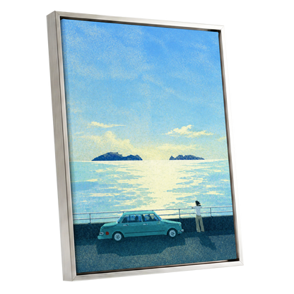 Saltwater Interlude, blue, green, yellow nature wall art shown as a silver framed canvas wall art