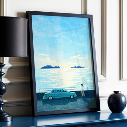 Saltwater Interlude, blue, green, yellow nature wall art displayed in a styled interior, gallery view 2