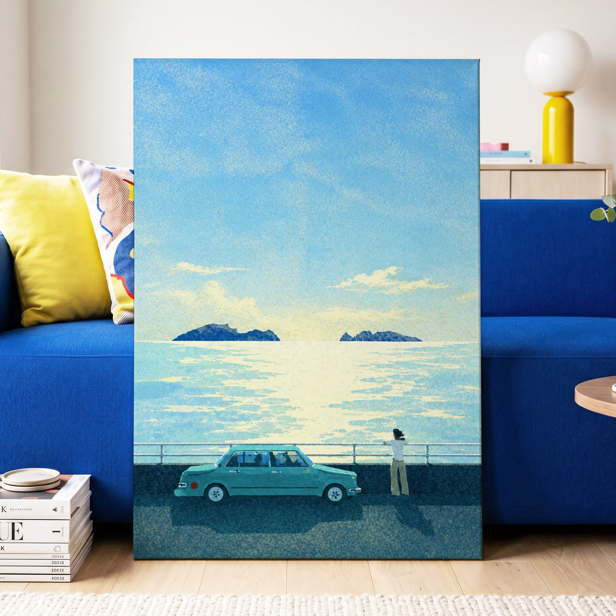 Saltwater Interlude, blue, green, yellow nature wall art displayed in a styled interior, gallery view 3