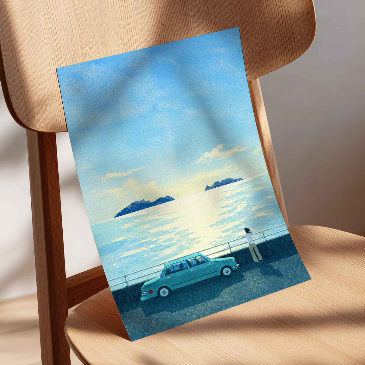 Saltwater Interlude, blue, green, yellow nature wall art displayed in a styled interior, gallery view 5