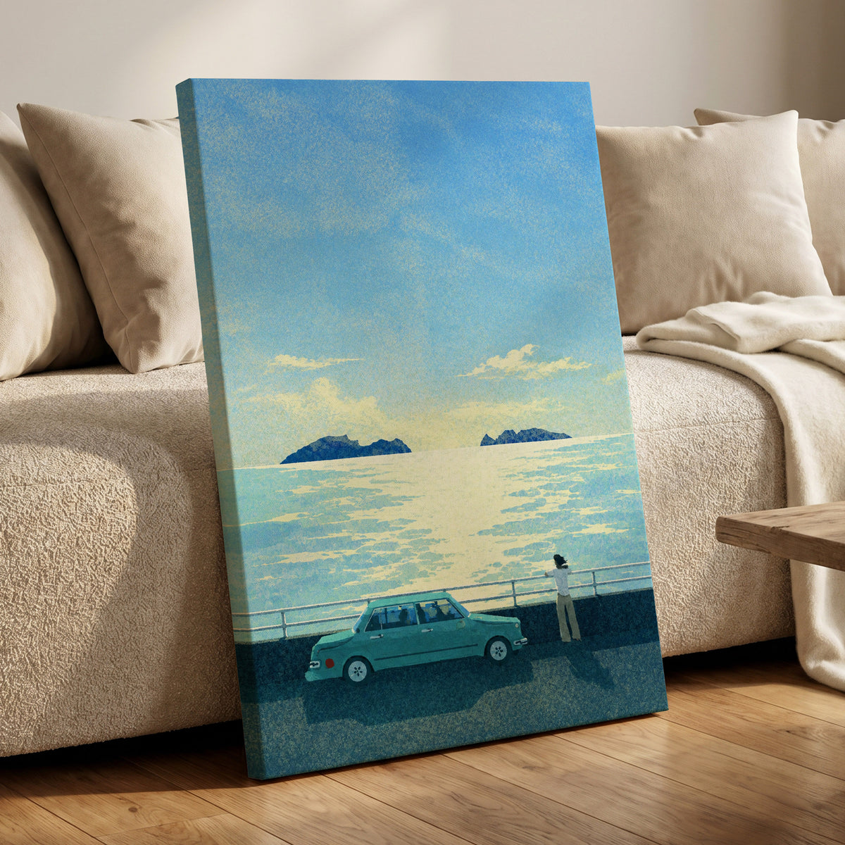 Saltwater Interlude, blue, green, yellow nature wall art displayed in a styled interior, gallery view 7