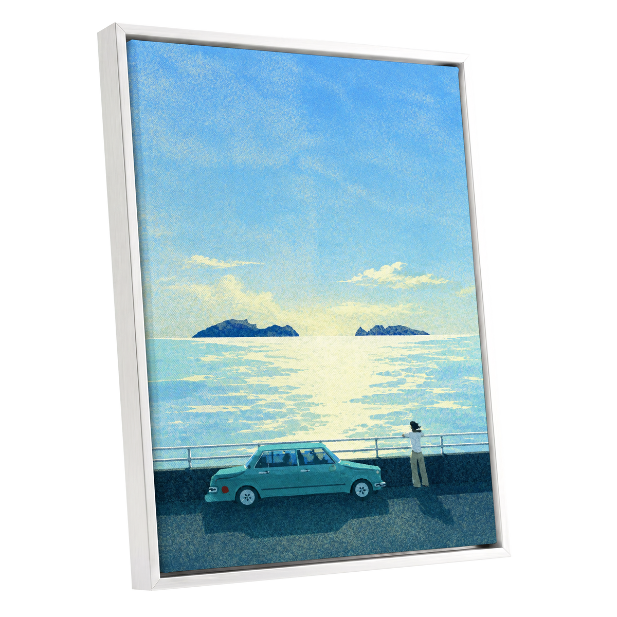 Saltwater Interlude, blue, green, yellow nature wall art shown as a white framed canvas wall art