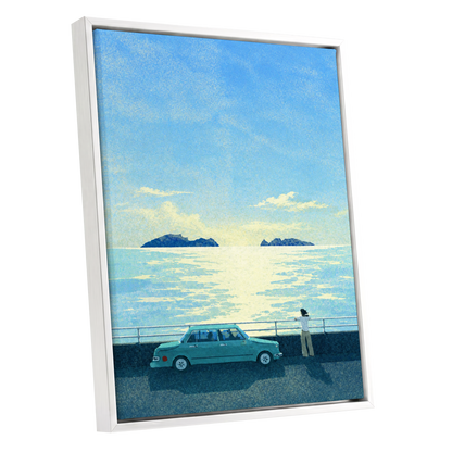 Saltwater Interlude, blue, green, yellow nature wall art shown as a white framed canvas wall art