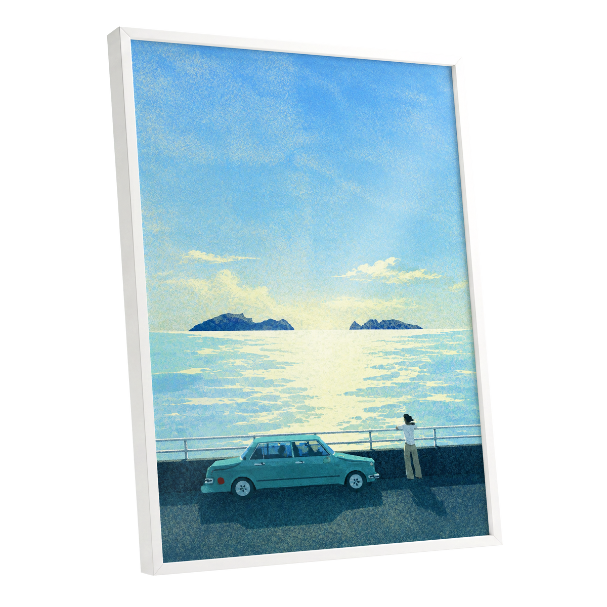Saltwater Interlude, blue, green, yellow nature wall art shown as a white framed poster wall art print