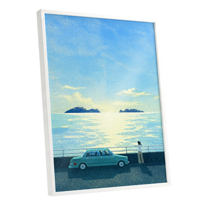 Saltwater Interlude, blue, green, yellow nature wall art shown as a white framed poster wall art print