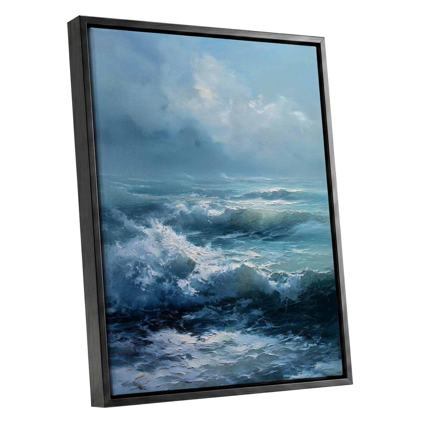 Saltwind Surge, blue, white, gray nature wall art shown as a black framed canvas wall art