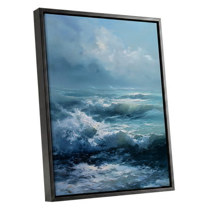 Saltwind Surge, blue, white, gray nature wall art shown as a black framed canvas wall art