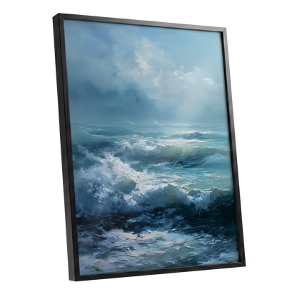 Saltwind Surge, blue, white, gray nature wall art shown as a black framed poster wall art print