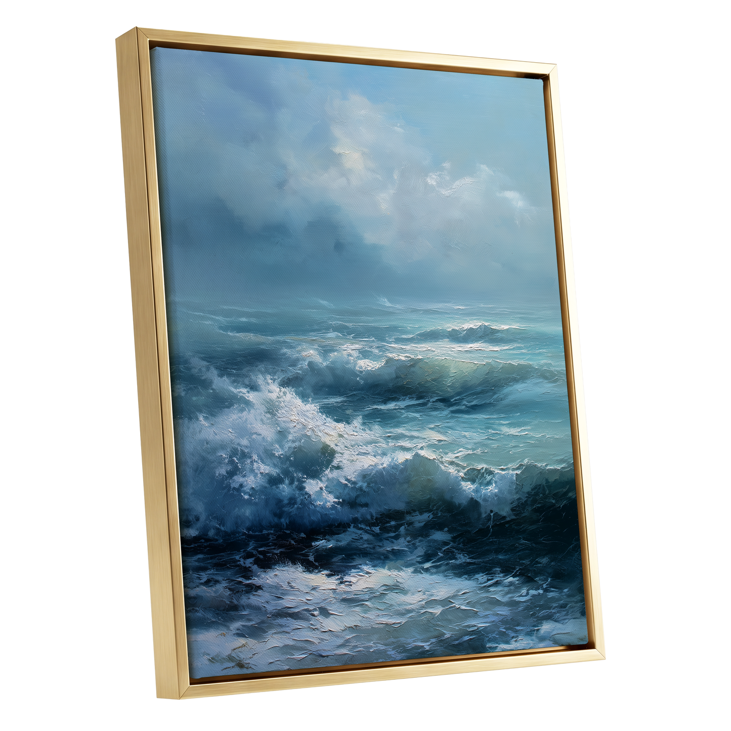 Saltwind Surge, blue, white, gray nature wall art shown as a gold framed canvas wall art