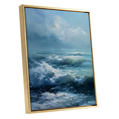 Saltwind Surge, blue, white, gray nature wall art shown as a gold framed canvas wall art