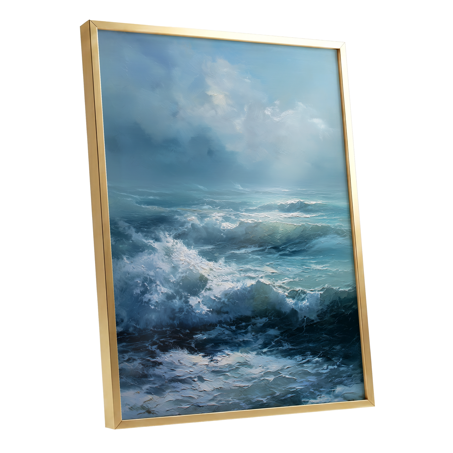 Saltwind Surge, blue, white, gray nature wall art shown as a gold framed poster wall art print