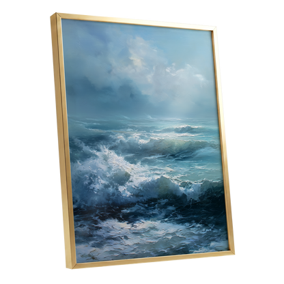Saltwind Surge, blue, white, gray nature wall art shown as a gold framed poster wall art print