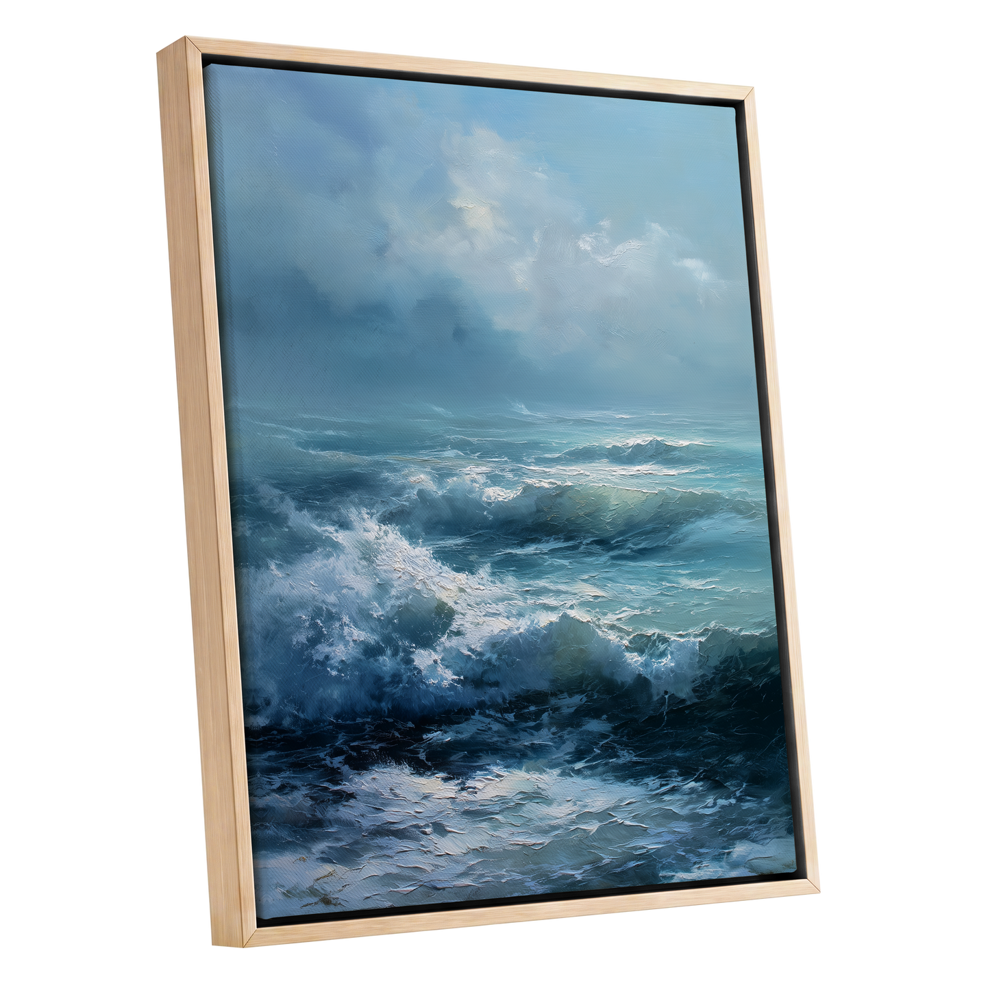 Saltwind Surge, blue, white, gray nature wall art shown as a oak framed canvas wall art