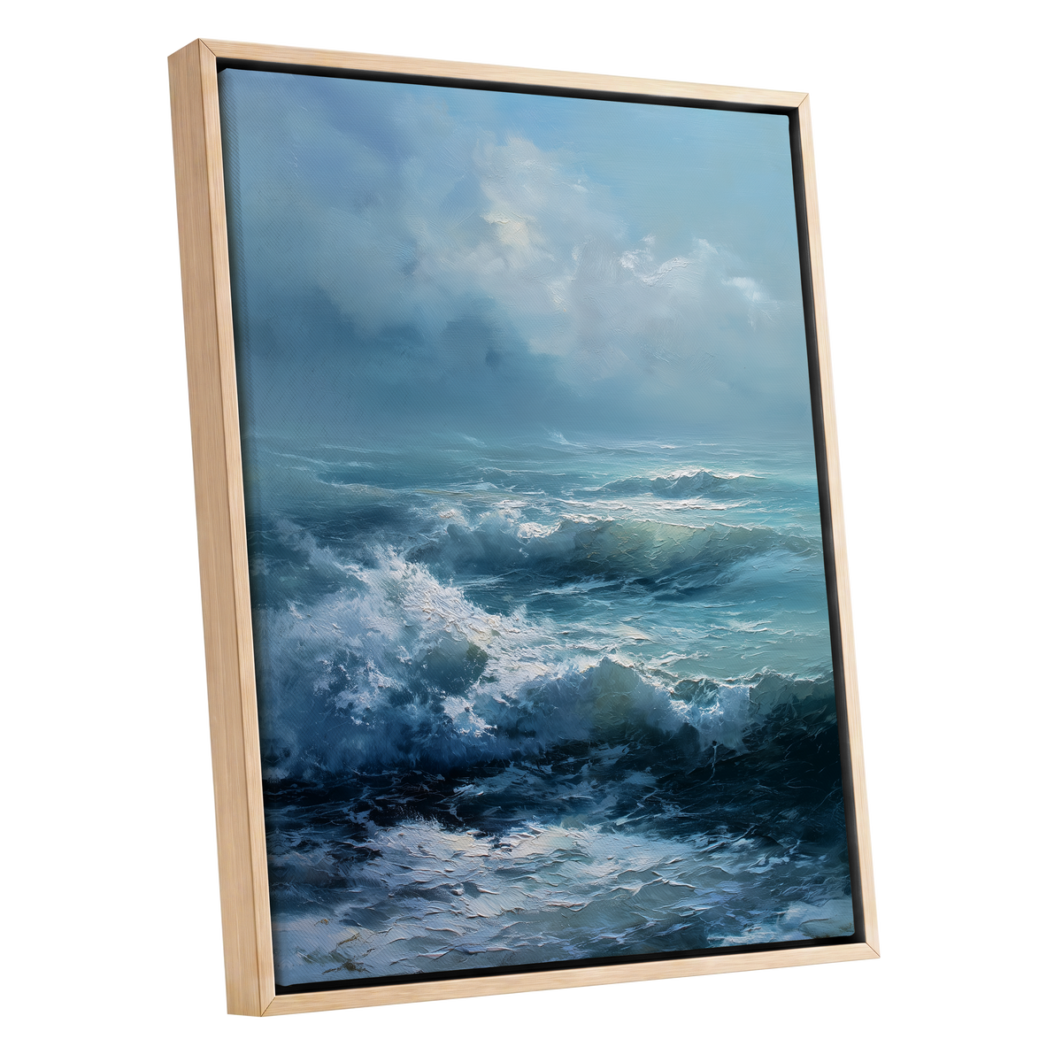 Saltwind Surge, blue, white, gray nature wall art shown as a oak framed canvas wall art