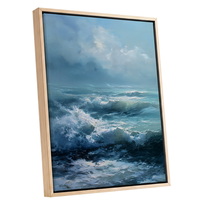 Saltwind Surge, blue, white, gray nature wall art shown as a oak framed canvas wall art