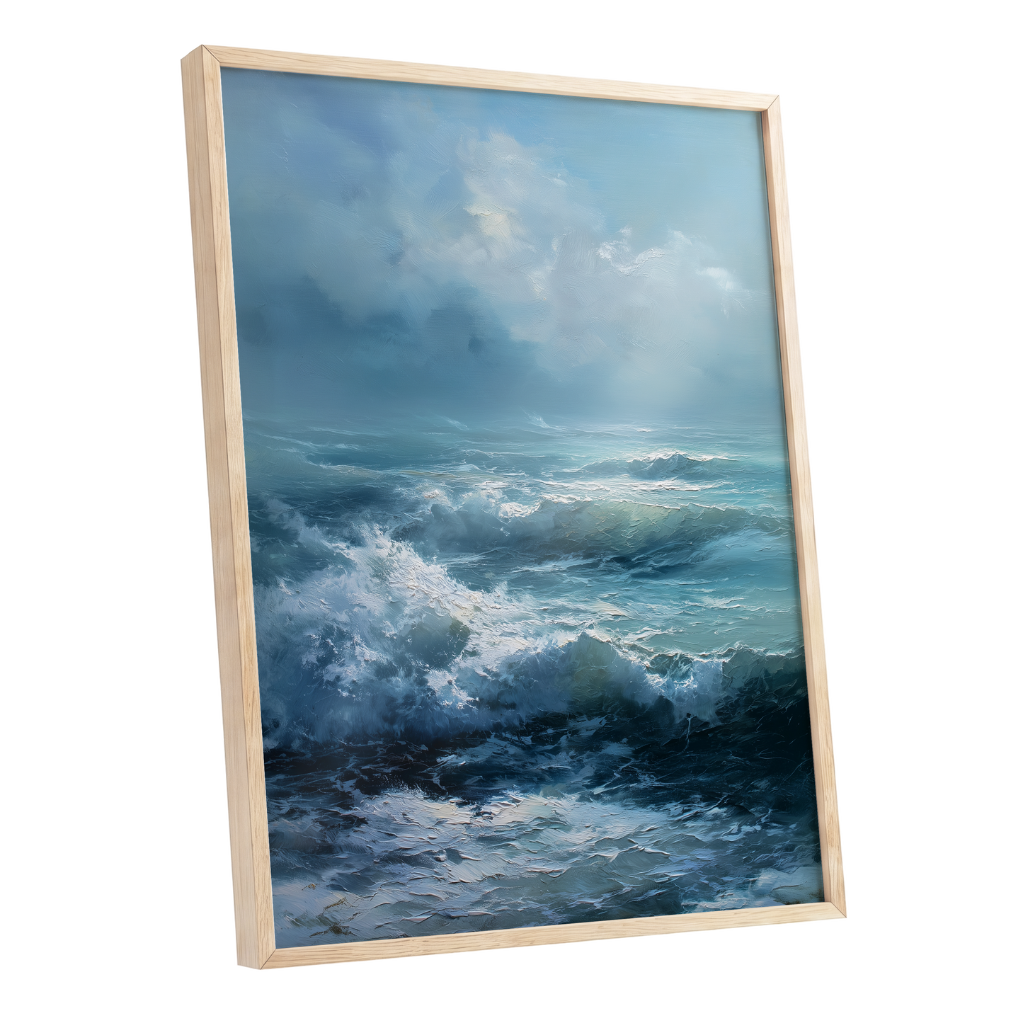 Saltwind Surge, blue, white, gray nature wall art shown as a oak framed poster wall art print