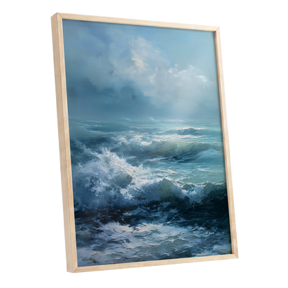 Saltwind Surge, blue, white, gray nature wall art shown as a oak framed poster wall art print