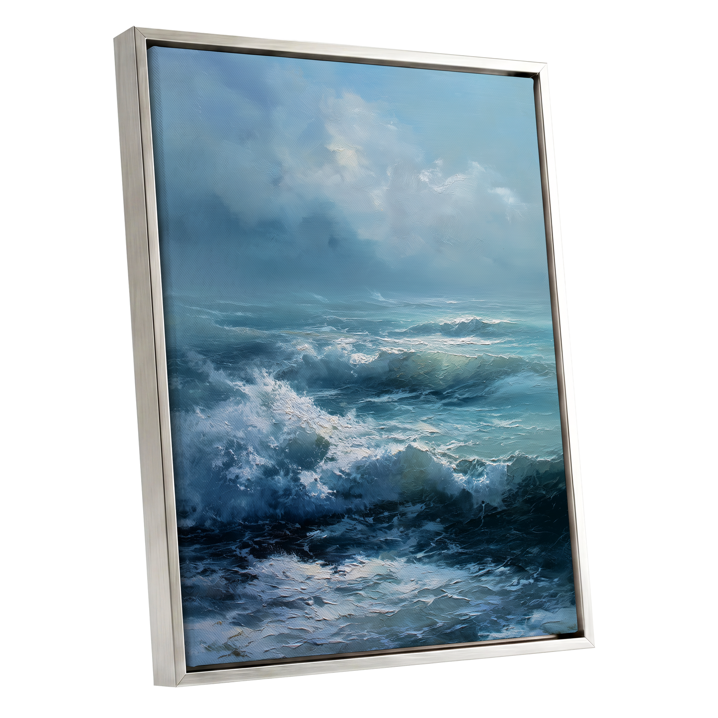 Saltwind Surge, blue, white, gray nature wall art shown as a silver framed canvas wall art