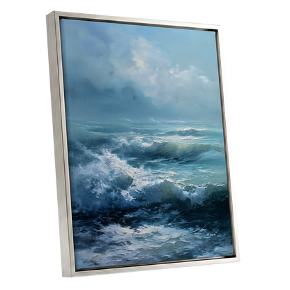 Saltwind Surge, blue, white, gray nature wall art shown as a silver framed canvas wall art
