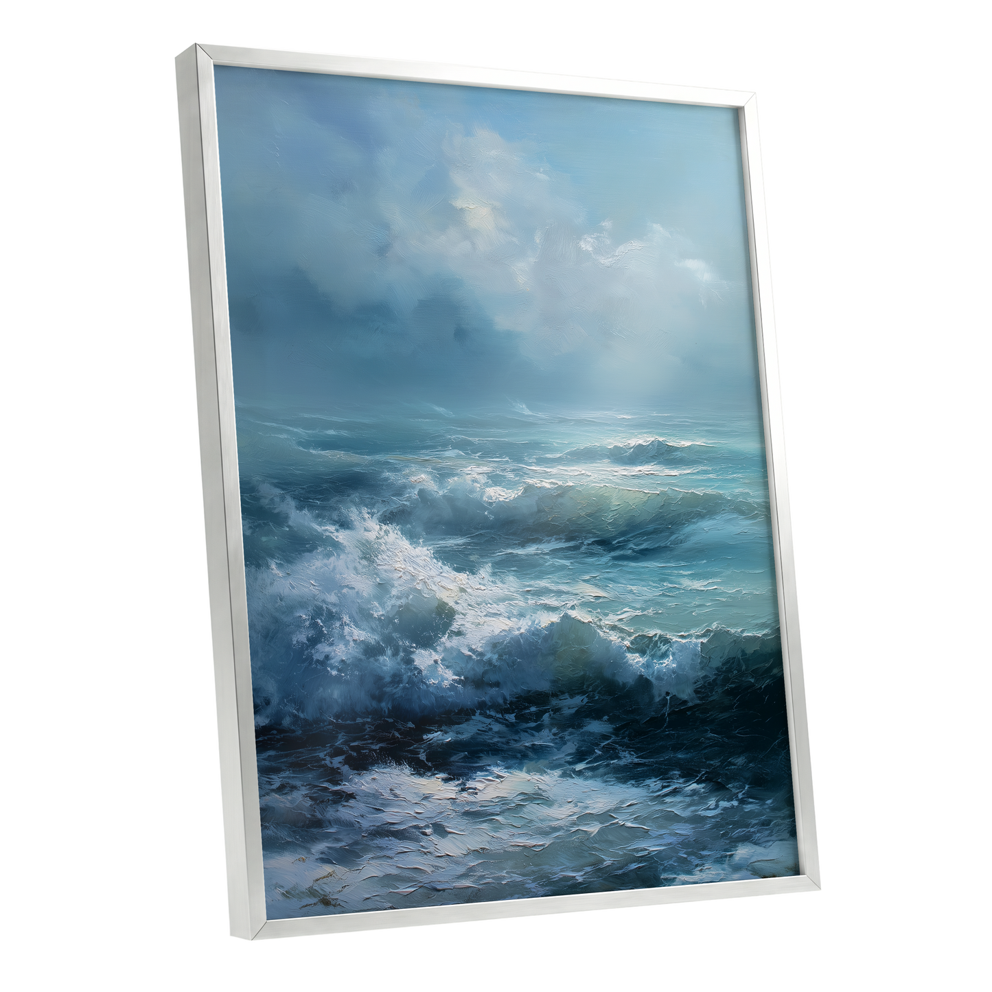 Saltwind Surge, blue, white, gray nature wall art shown as a silver framed poster wall art print
