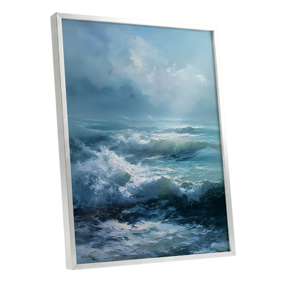 Saltwind Surge, blue, white, gray nature wall art shown as a silver framed poster wall art print