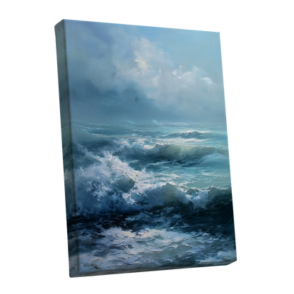 Saltwind Surge, blue, white, gray nature wall art shown as a stretched canvas wall art