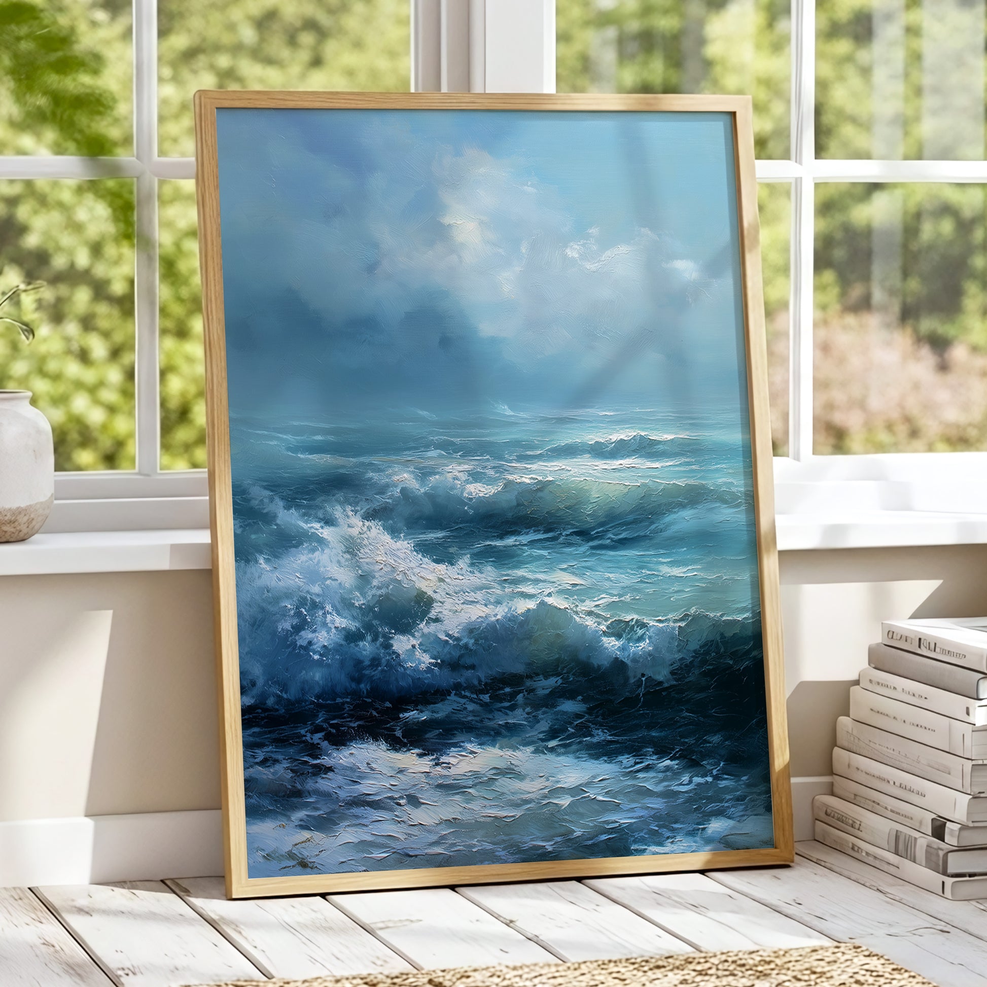Saltwind Surge, blue, white, gray nature wall art displayed in a styled interior, gallery view 2