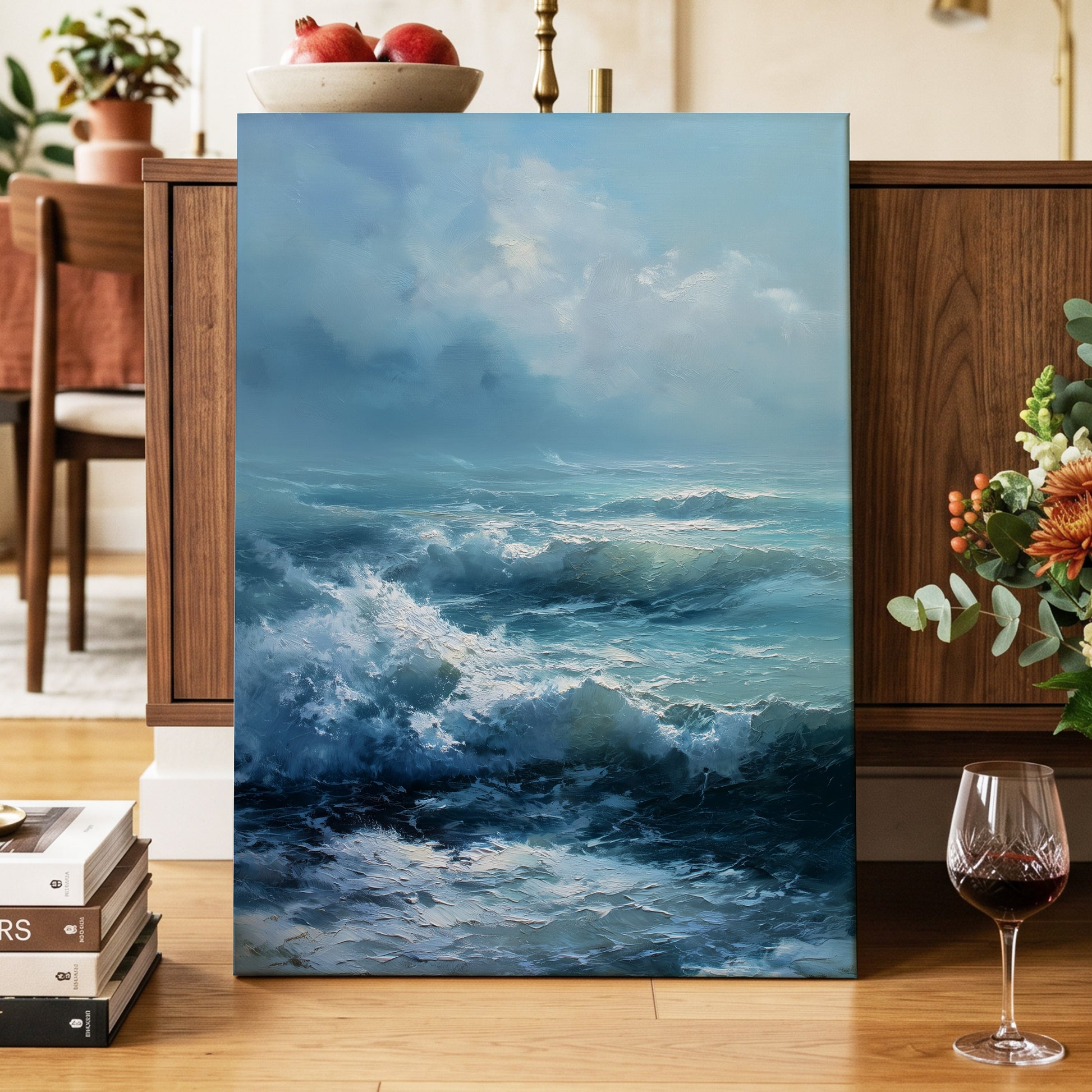 Saltwind Surge, blue, white, gray nature wall art displayed in a styled interior, gallery view 7