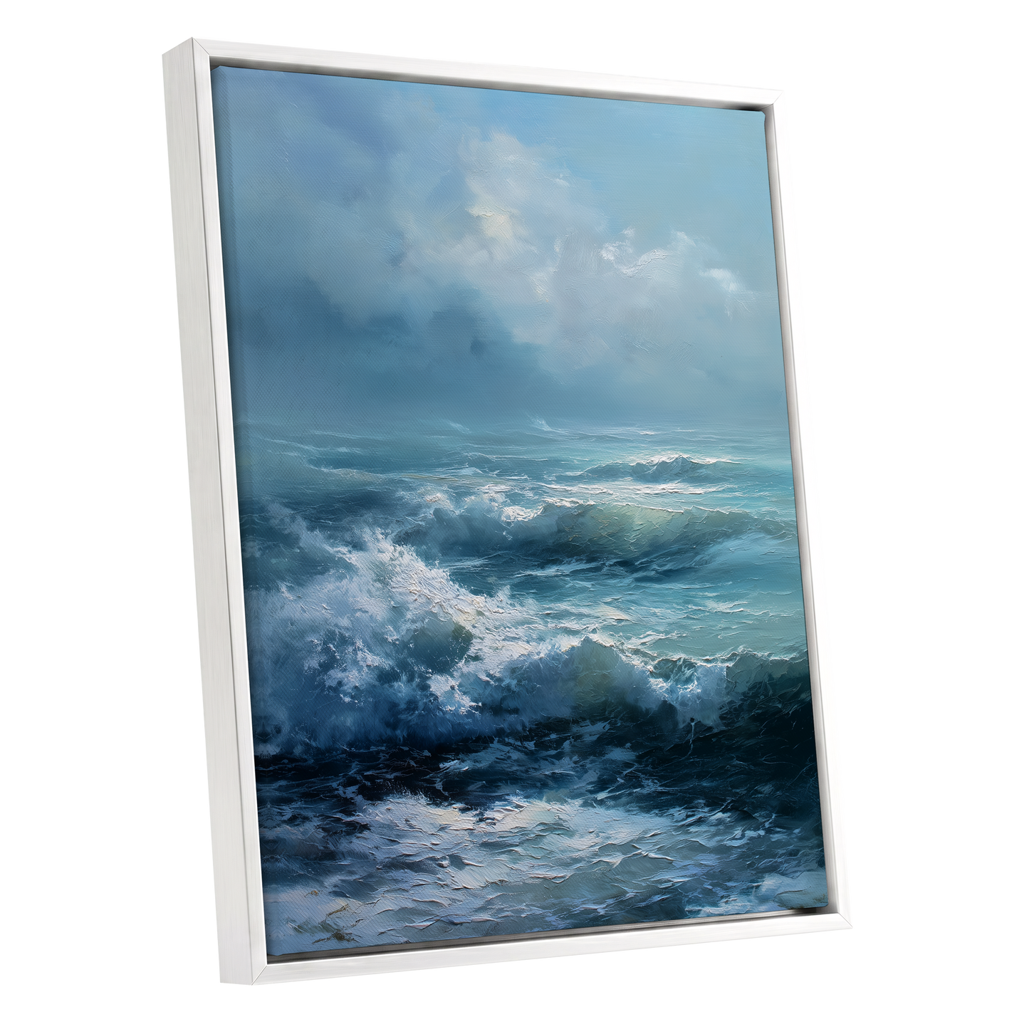 Saltwind Surge, blue, white, gray nature wall art shown as a white framed canvas wall art