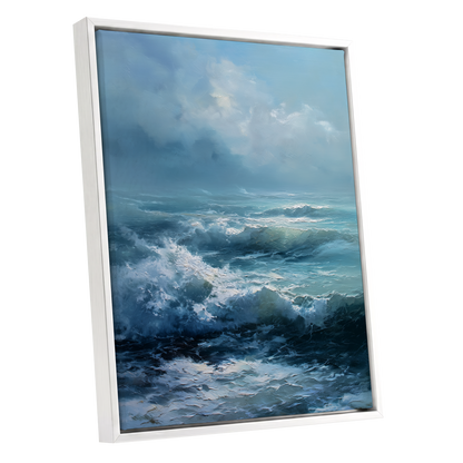 Saltwind Surge, blue, white, gray nature wall art shown as a white framed canvas wall art