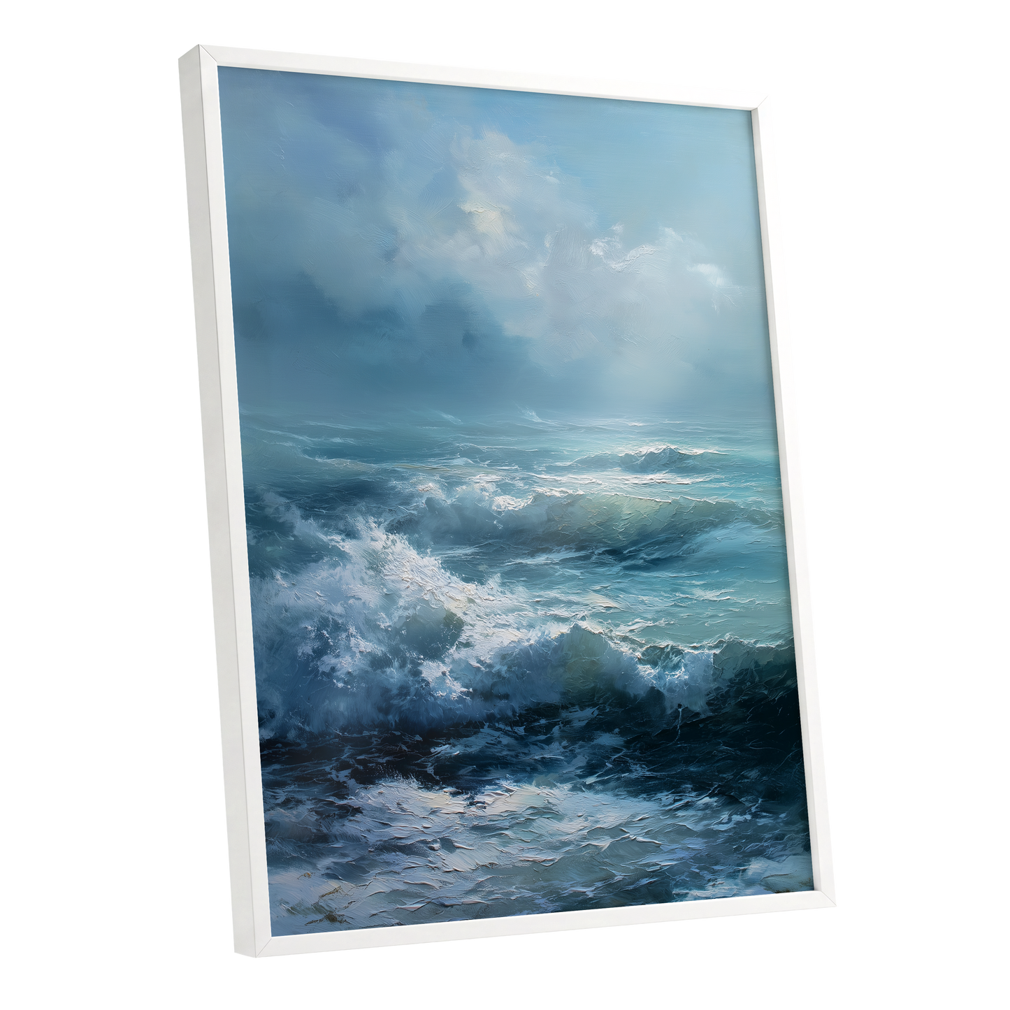 Saltwind Surge, blue, white, gray nature wall art shown as a white framed poster wall art print