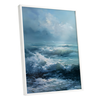 Saltwind Surge, blue, white, gray nature wall art shown as a white framed poster wall art print