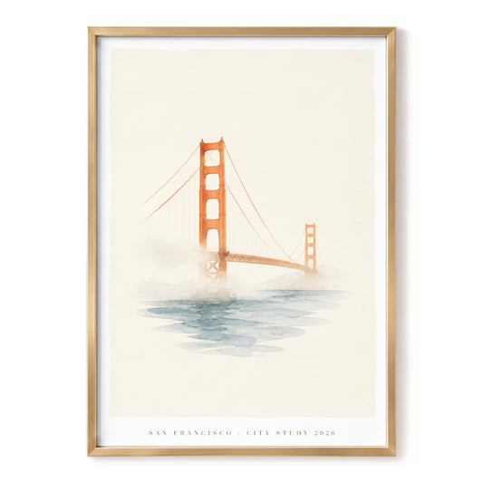 San Francisco in Stillness, beige, orange, blue minimalist wall art, front artwork view