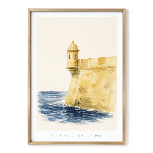 San Juan Sea Watch, beige, blue, white minimalist wall art, front artwork view