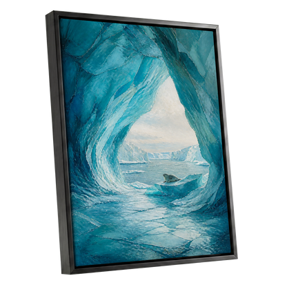 Sanctuary of Ice, blue, white, gray nature wall art shown as a black framed canvas wall art