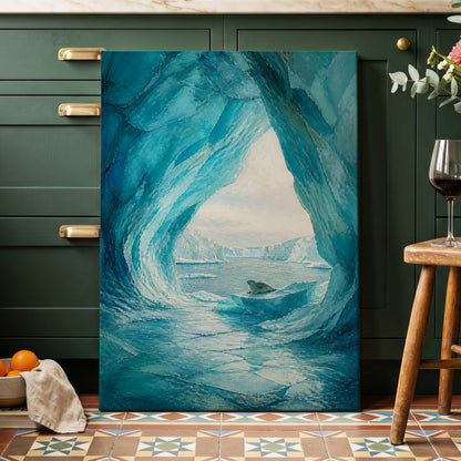 Sanctuary of Ice, blue, white, gray nature wall art on canvas displayed in a styled interior, gallery view 1