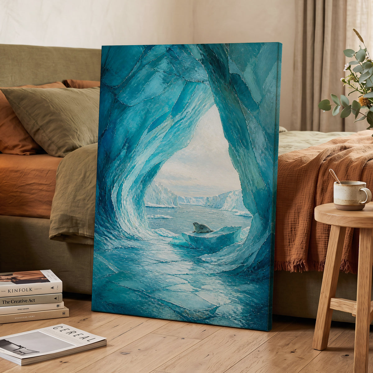 Sanctuary of Ice, blue, white, gray nature wall art on canvas displayed in a styled interior, gallery view 2