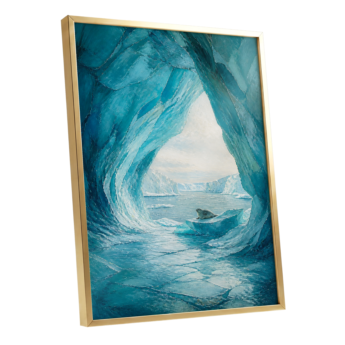 Sanctuary of Ice, blue, white, gray nature wall art shown as a gold framed poster wall art print