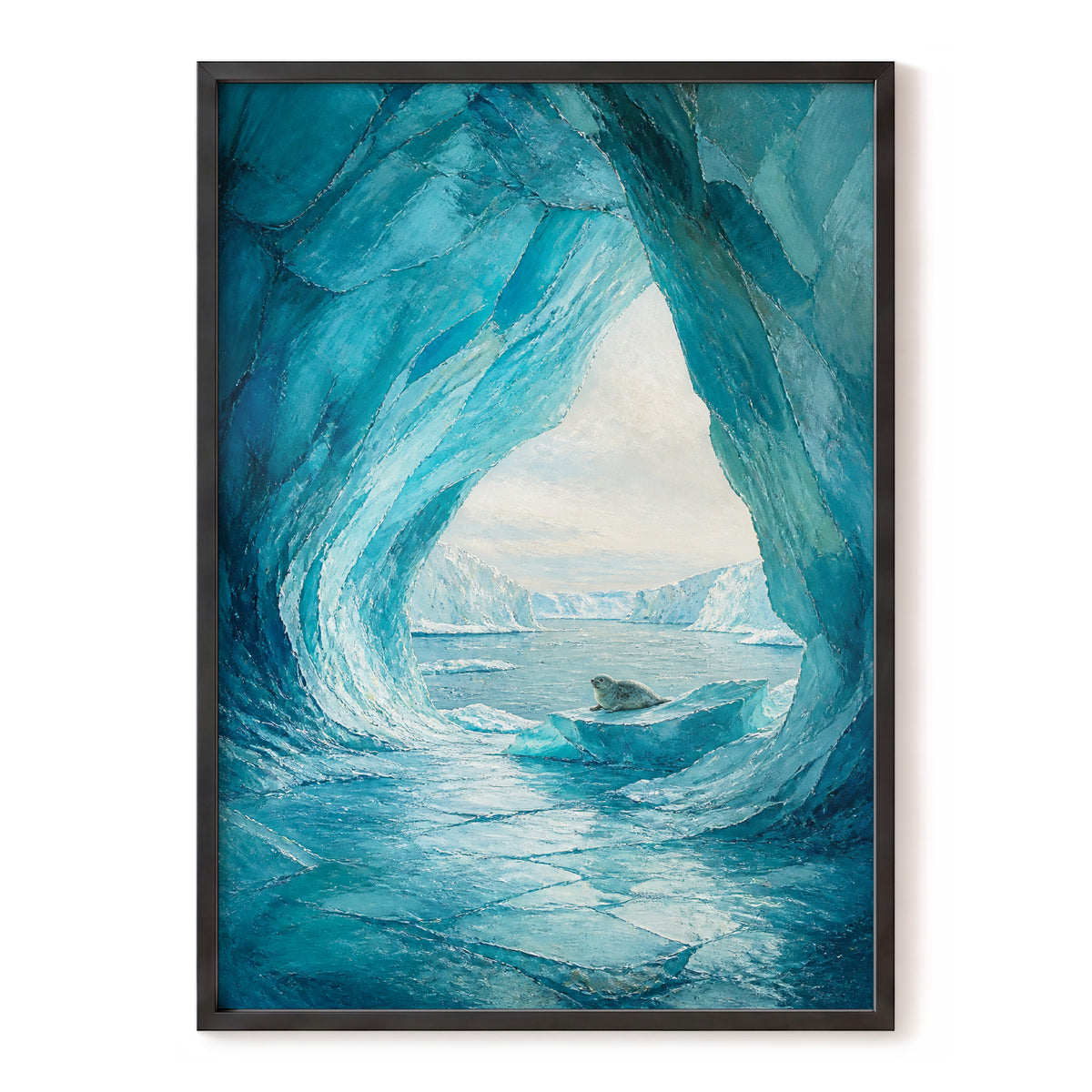 Sanctuary of Ice, blue, white, gray nature wall art, front artwork view