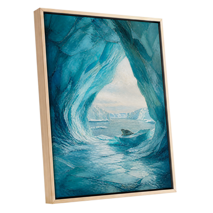Sanctuary of Ice, blue, white, gray nature wall art shown as a oak framed canvas wall art