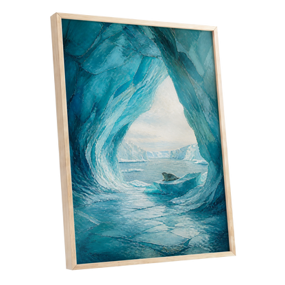 Sanctuary of Ice, blue, white, gray nature wall art shown as a oak framed poster wall art print
