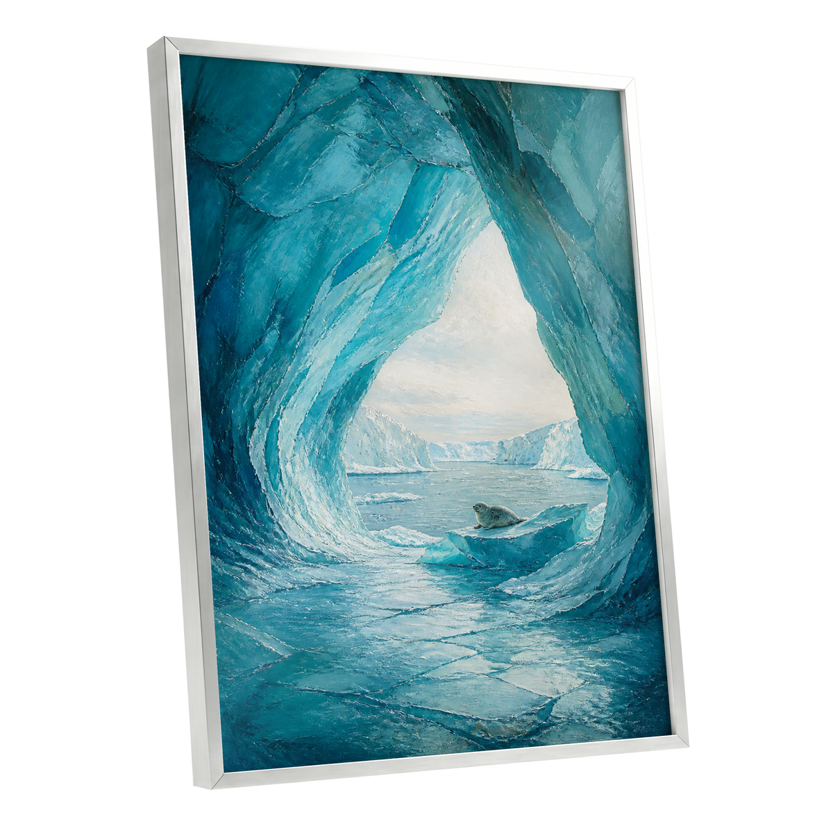 Sanctuary of Ice, blue, white, gray nature wall art shown as a silver framed poster wall art print
