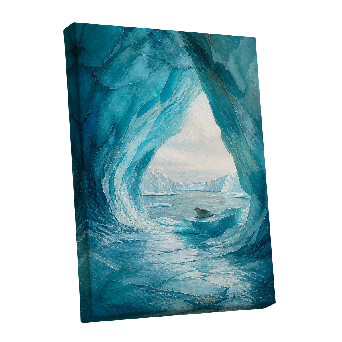 Sanctuary of Ice, blue, white, gray nature wall art shown as a stretched canvas wall art